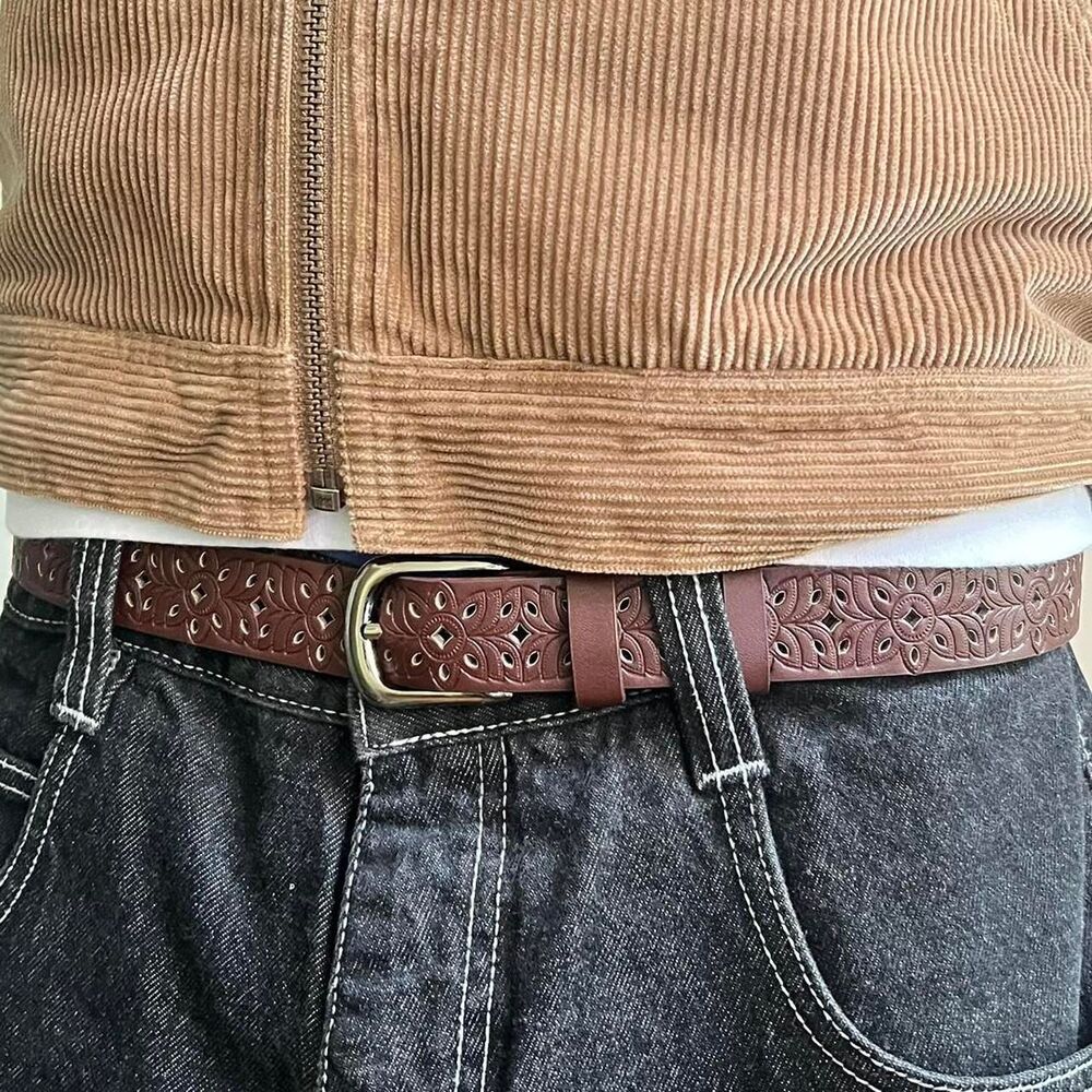 y2k style brown american western carved floral design belt